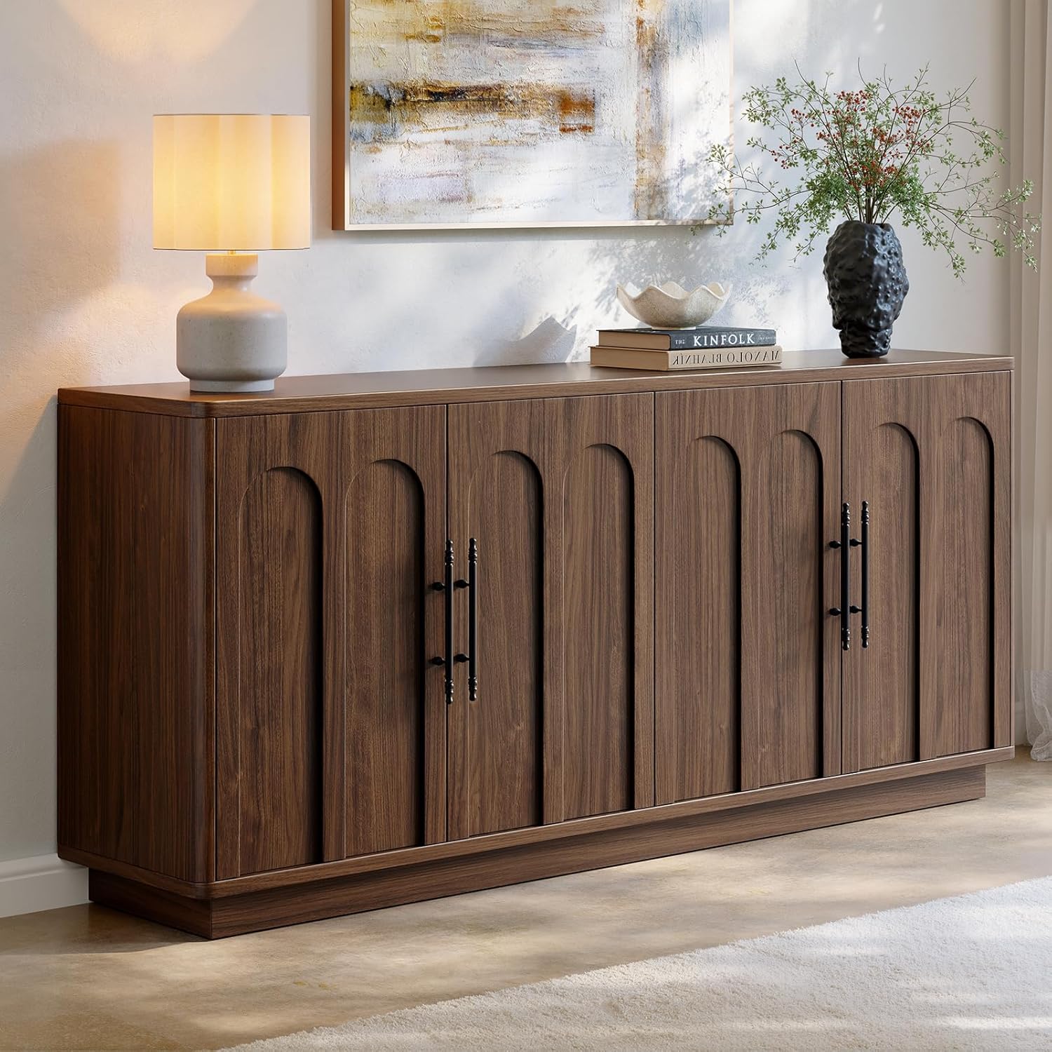 Evermagin 67 Arched Walnut Buffet Cabinet with Storage, Large Credenza with 4 Doors, Wood Mid Century Modern Sideboard for Kitchen and Living Room (67*31.5*15.7)