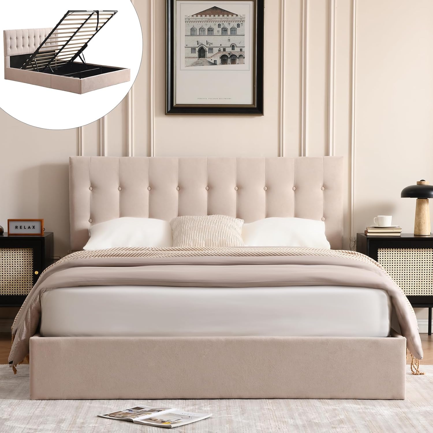 VELOCAVA Queen Size Lift-Up Storage Bed, Modern Upholstered Platform Frame, Ample Under-Bed Storage, Button-Tufted Headboard, Sturdy Wooden Slats, No Box Spring Needed, Linen-Textured Light Khaki