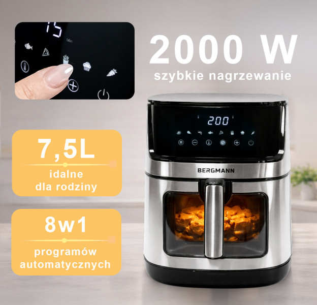 Frytkownica Beztłuszczowa 7,5L BERGMANN AirFryer 2000W 8 Programów