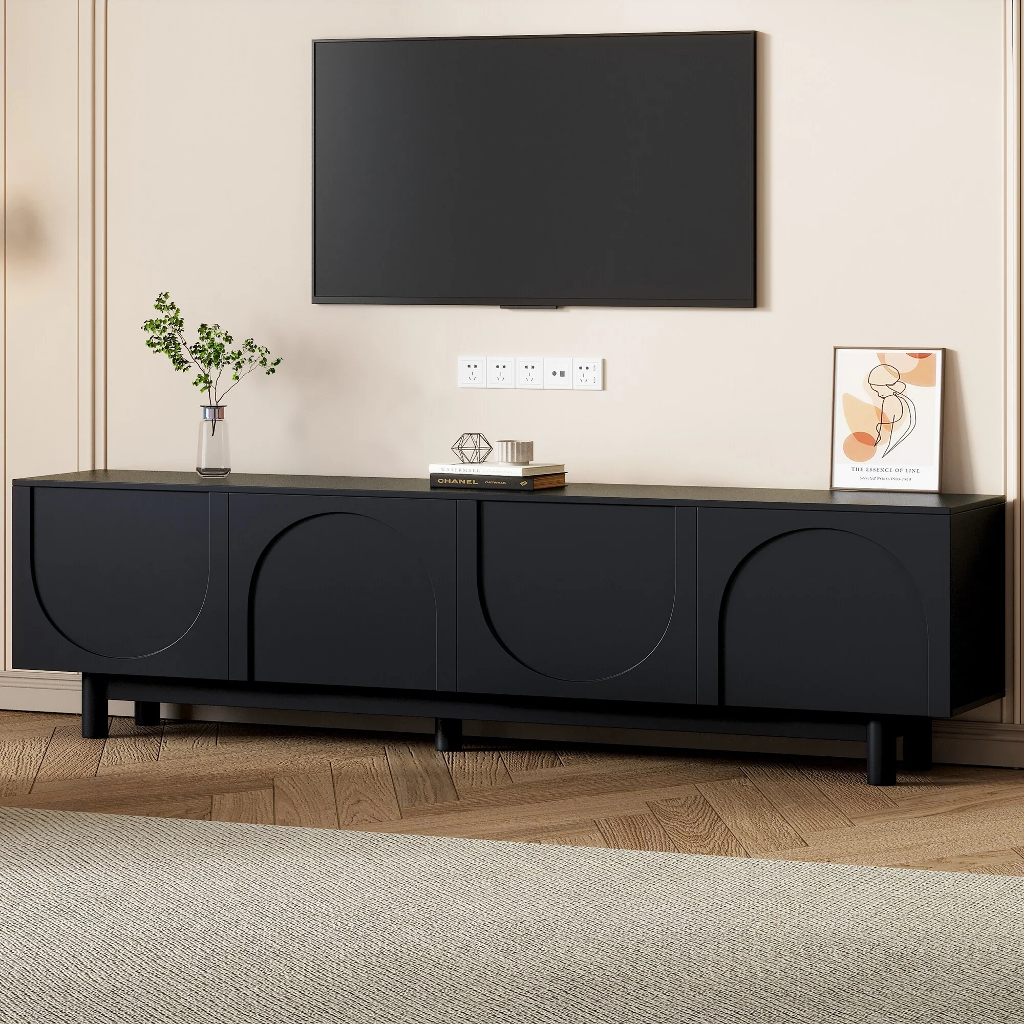 Graceful TV Stand with Arch Cabinets for TVs Up to 78 Inches, Minimalist Media Console with Solid Wood Legs