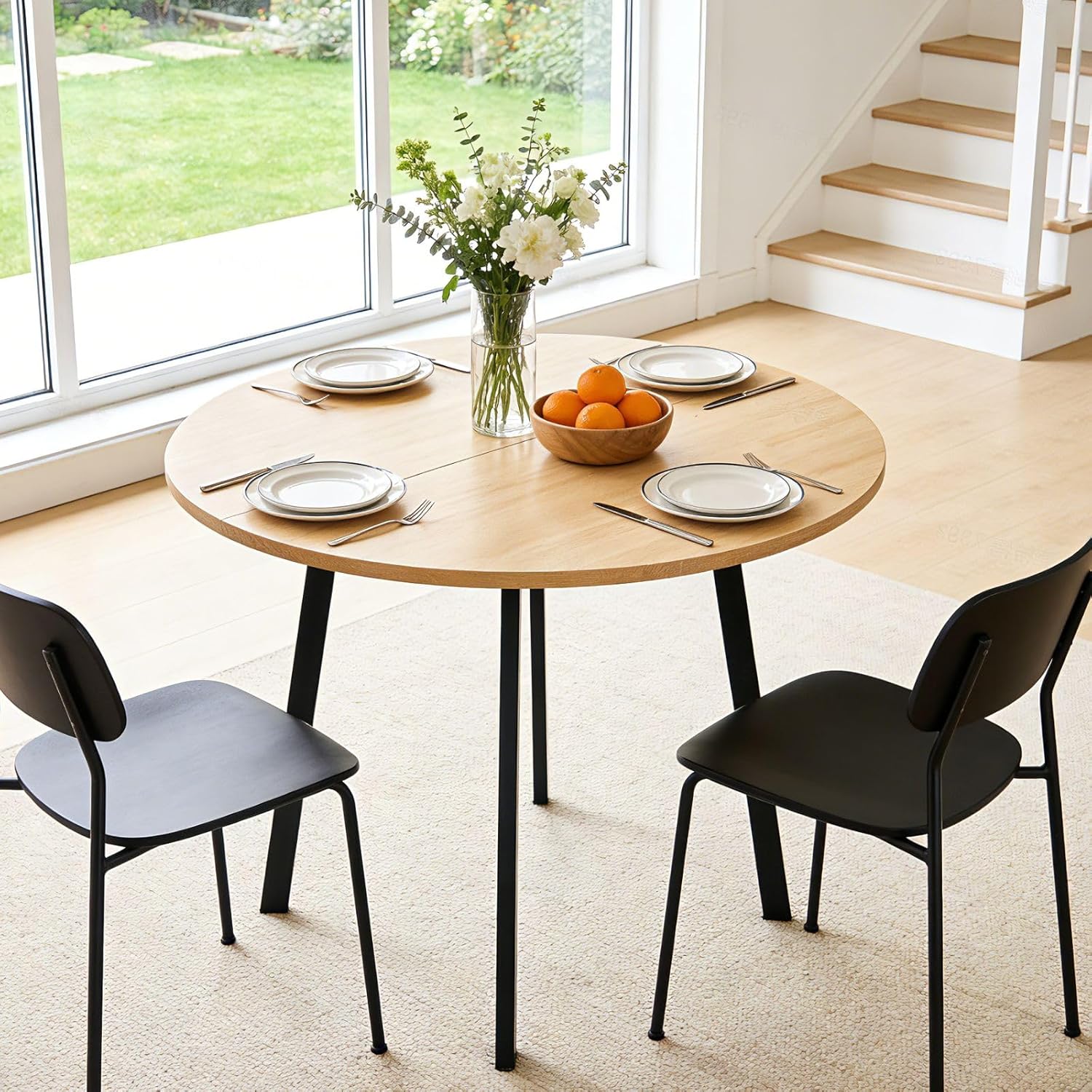 Karl home 35.4in Small Dining Table, Round Dining Table with Wood Finish Steel Legs, Circle Dinner Tables for Small Space, Apartment, Office, Kitchen, for 2 to 4 Person-Natural