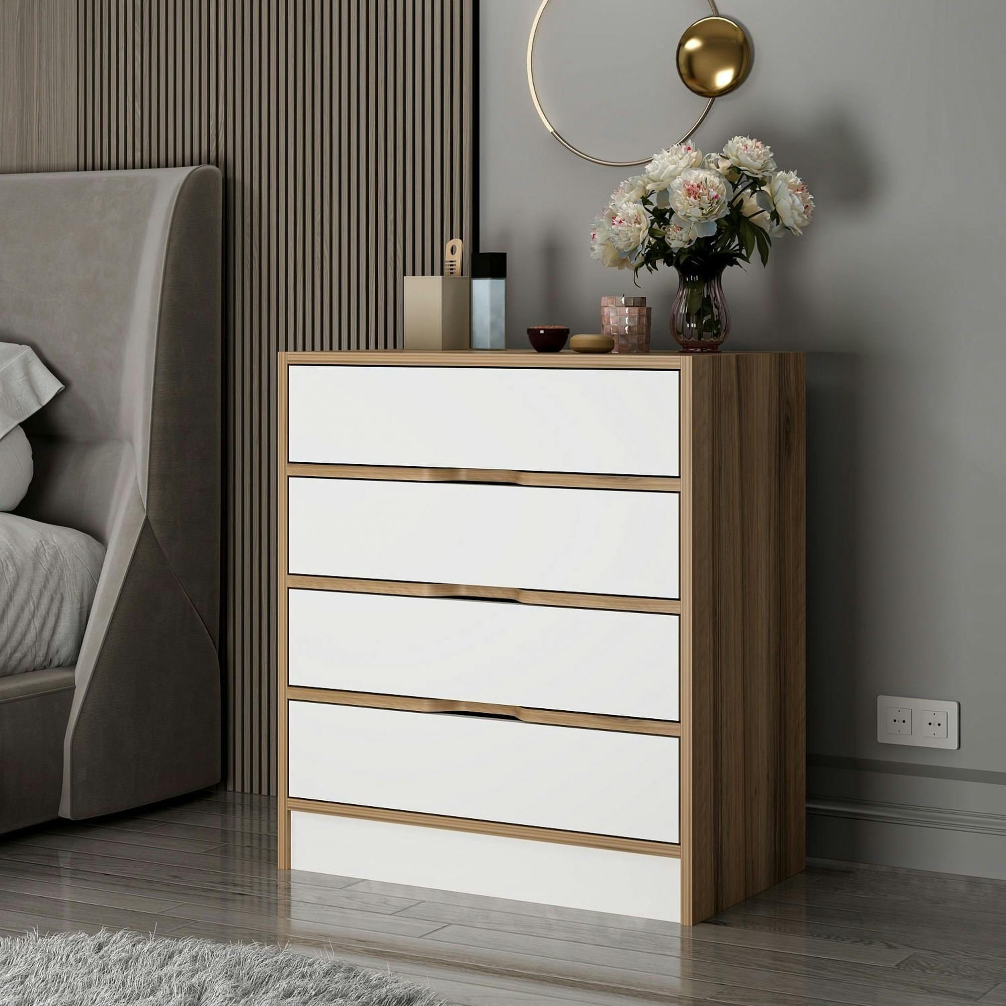 Petite commode moderne 4 tiroirs effet noyer & blanc BYRON