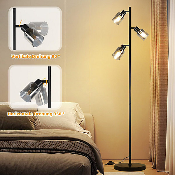 NETTLIFE Lampadaire Vintage Salon Noir Lampe à poser 3 flammes en verre Douille E14 Métal Lampe à poser Orientable 350