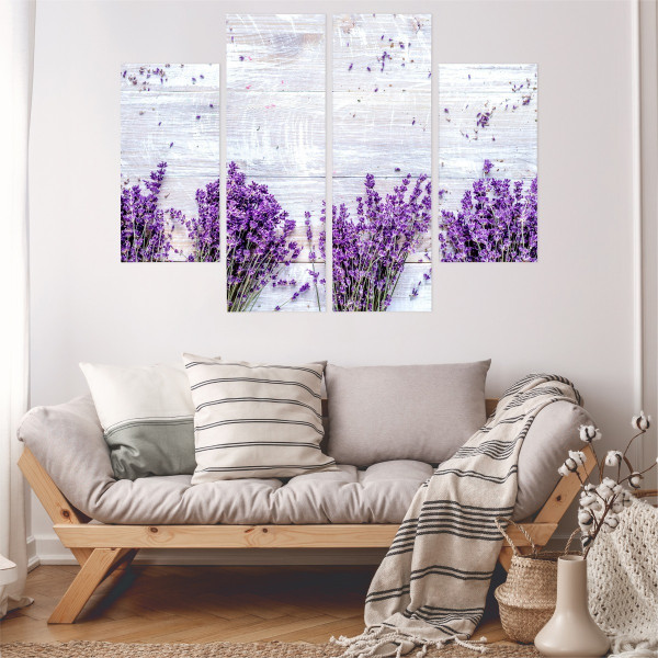 Obraz 4-Częściowy Kwiaty lawendy na tle desek 80x60cm