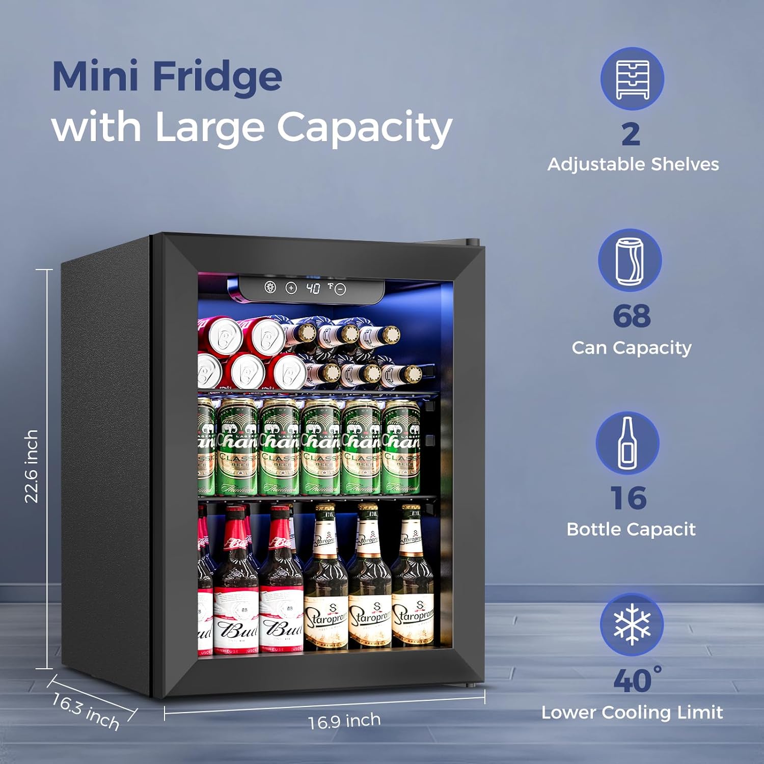 Feelfunn 1.7 Cu.Ft Beverage Refrigerator Cooler - 68 Can Mini Fridge Glass Door for Drink Soda Beer Wine - Small Refrigerator for Bedroom Office Home Dorm Bar, Black