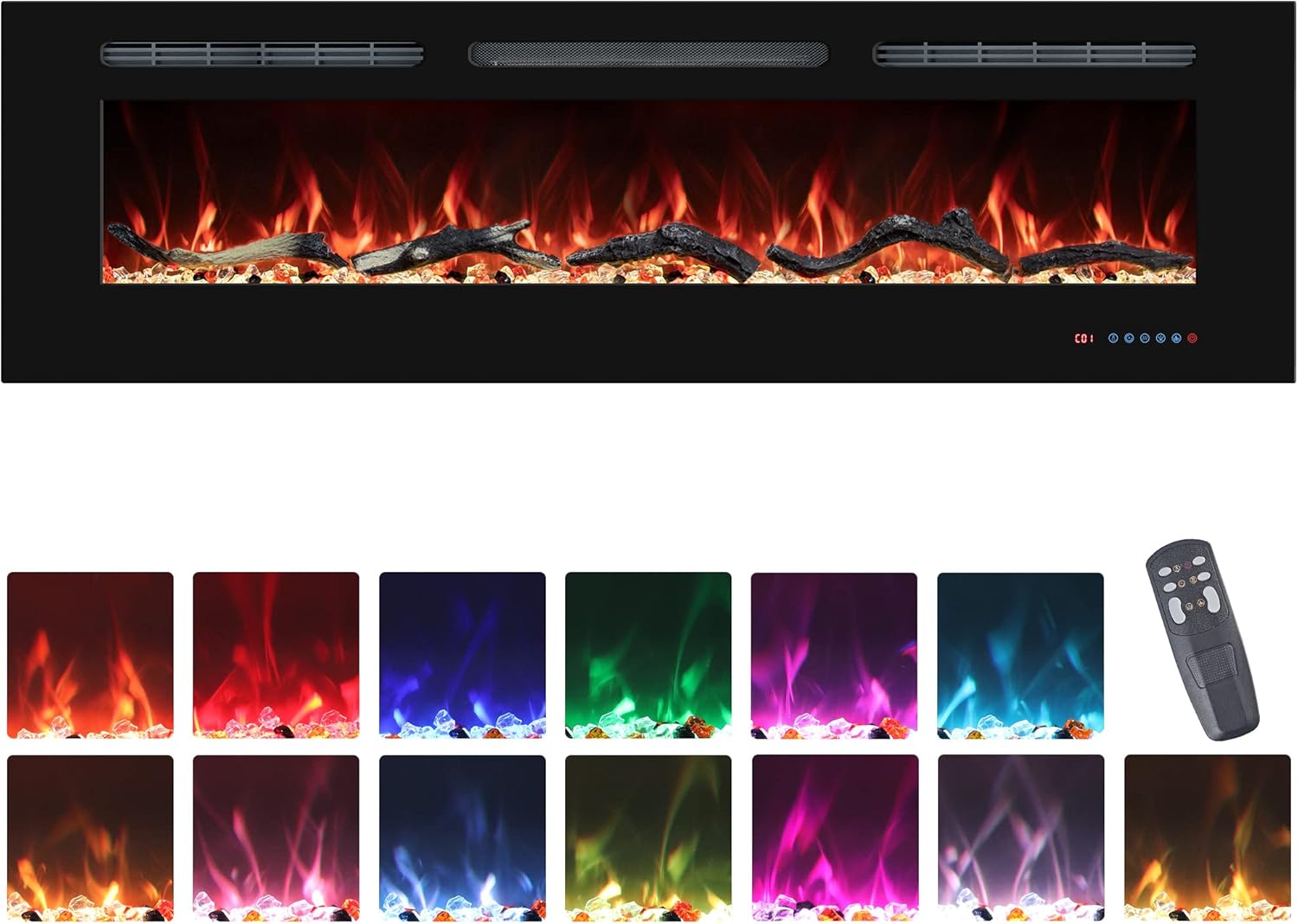 72 Electric Fireplaces Inserts, Recessed & Wall-Mounted Fireplace Heater with Thermostat, Multicolor Flames,Timer, Log & Crystal, 750/1500W