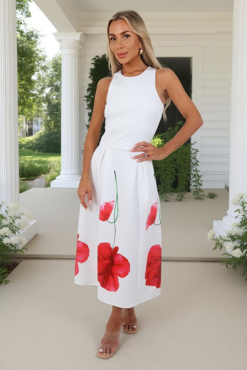 AX Paris Cream Floral Printed Skirt Racer Neck A-Line Midi Dress