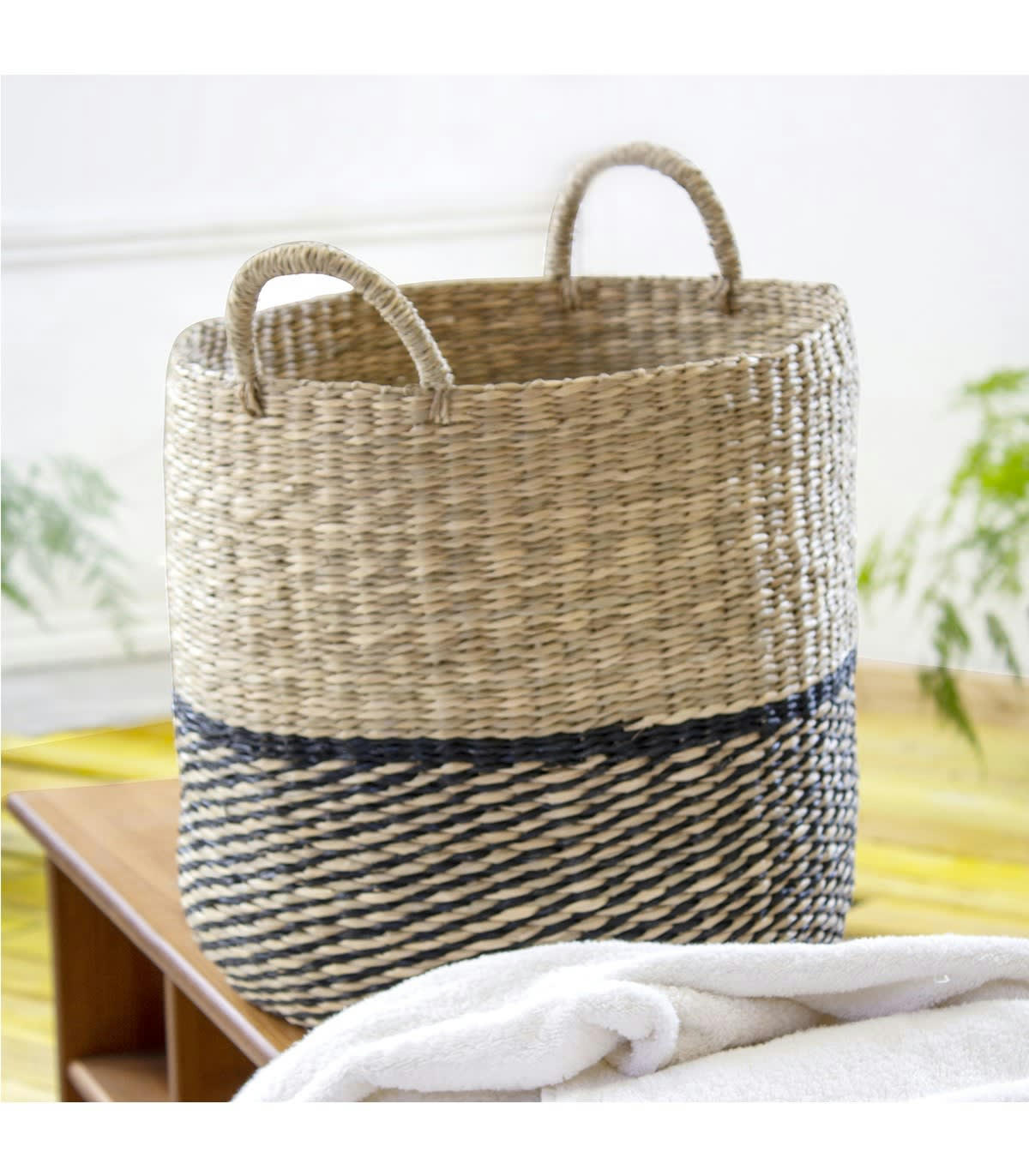 - Panier rond en jonc de mer - Beige et noir