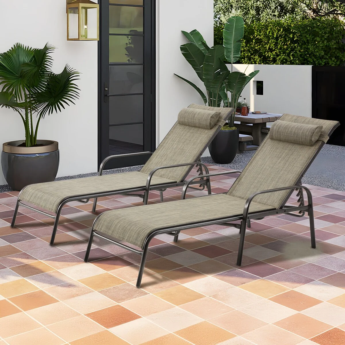 EROMMY 2-Pcs Adjustable Outdoor Recliner, Patio Lounge Chair Set, Dark Brown