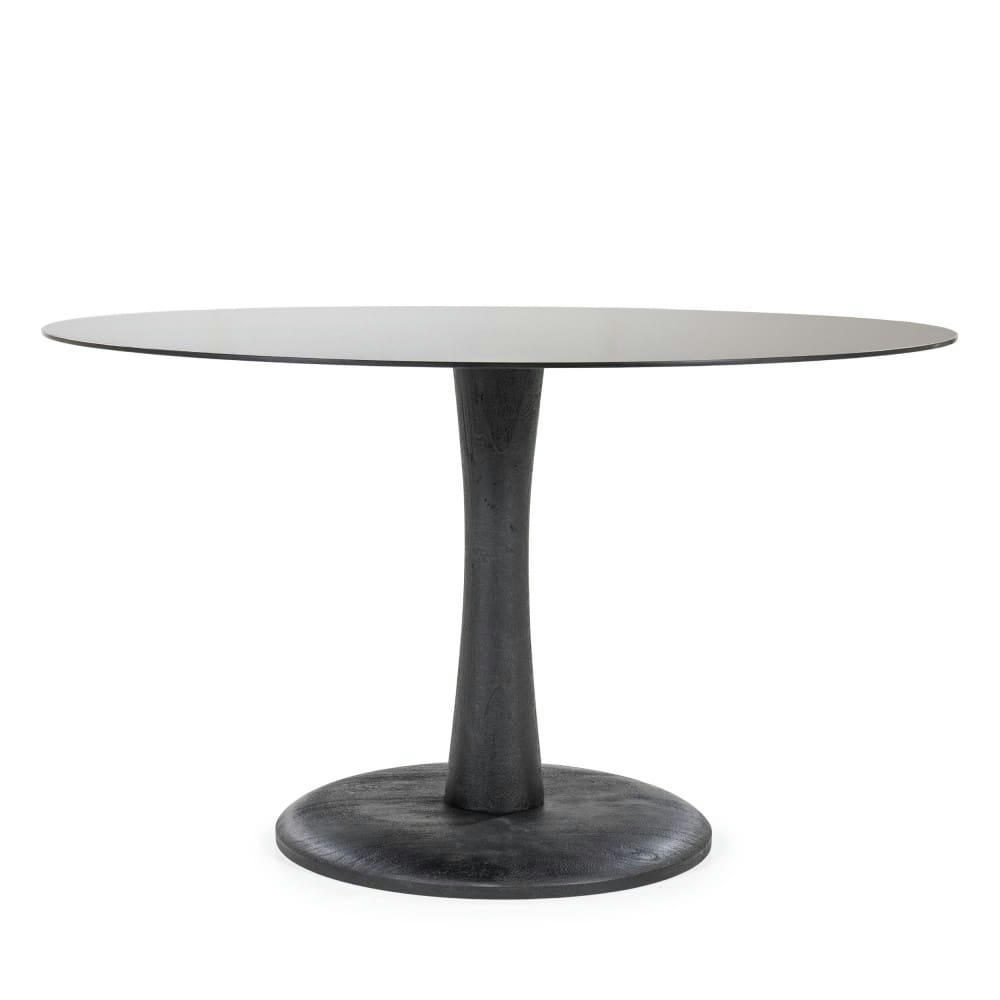 BOOGIE - Table à manger ronde en verre et bois de manguier D130cm noir