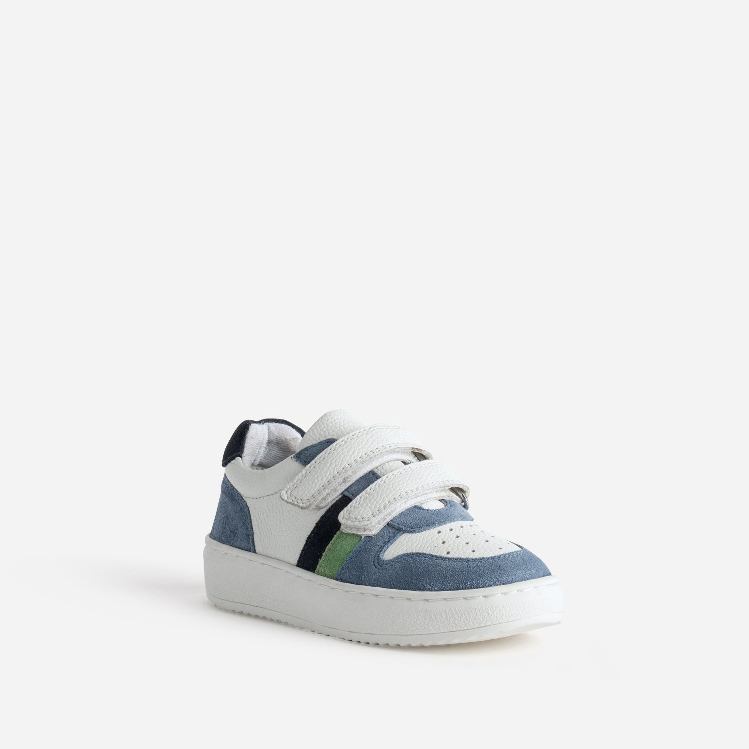 Tennis BUGGY blanc, bleu, vert cuir