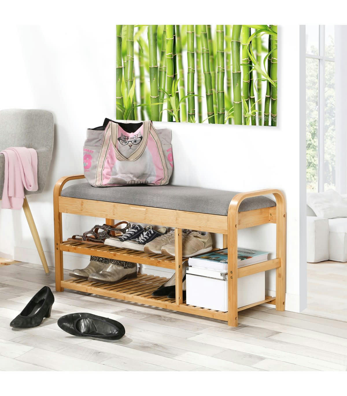 - Banc à Chaussures avec 2 Étagères L100 cm - Beige et gris