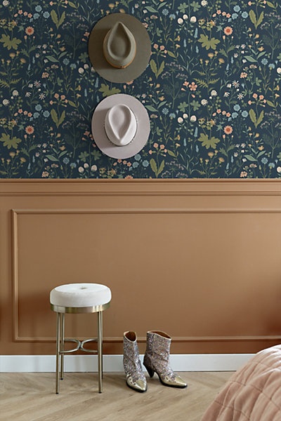 ESTAhome papier peint fleurs des champs bleu foncé, vert et rose 53 cm x 10.05 m