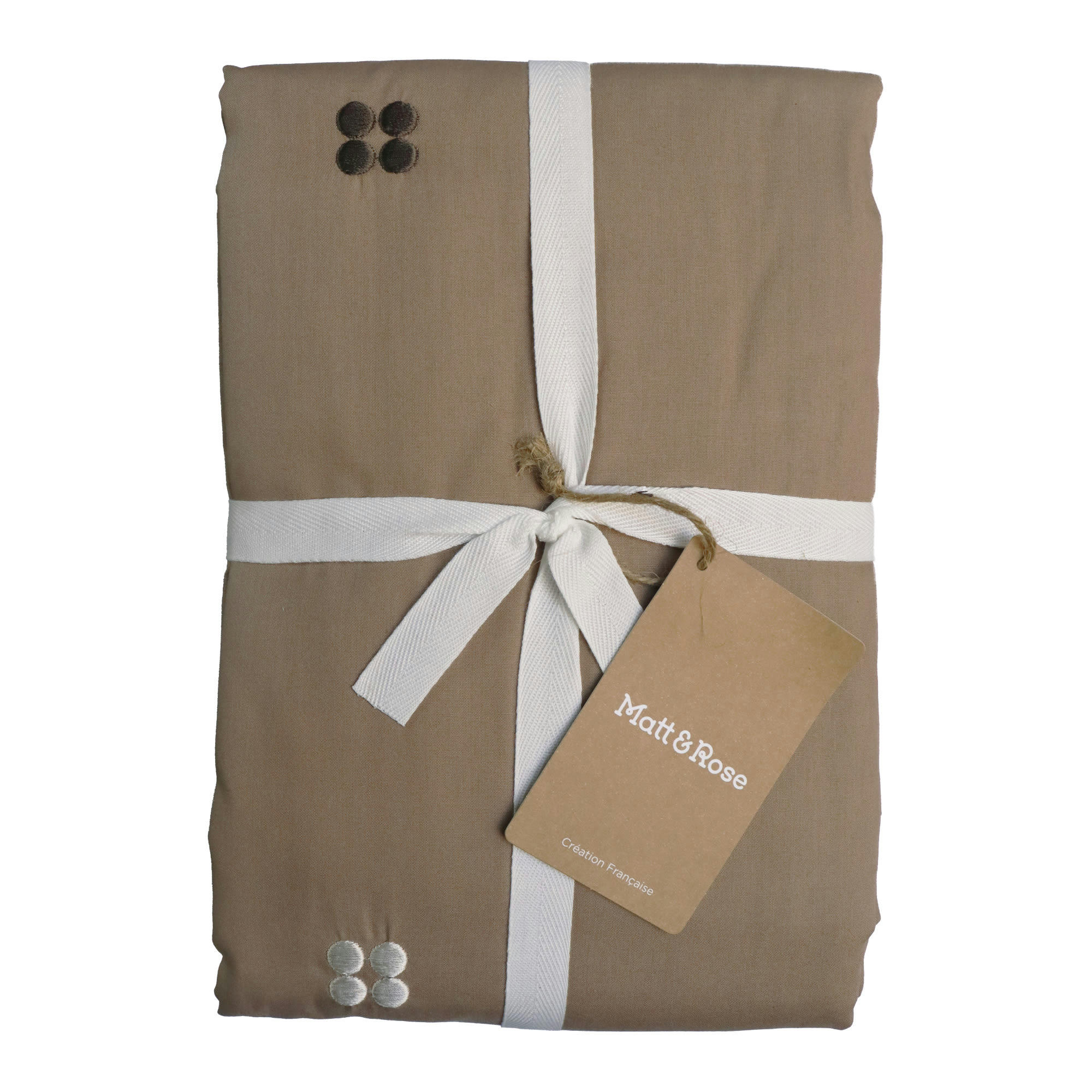 DRAGÉES DÉLICES - Parure de lit brodée en percale de coton BIO Taupe 260x240+2x65x65cm