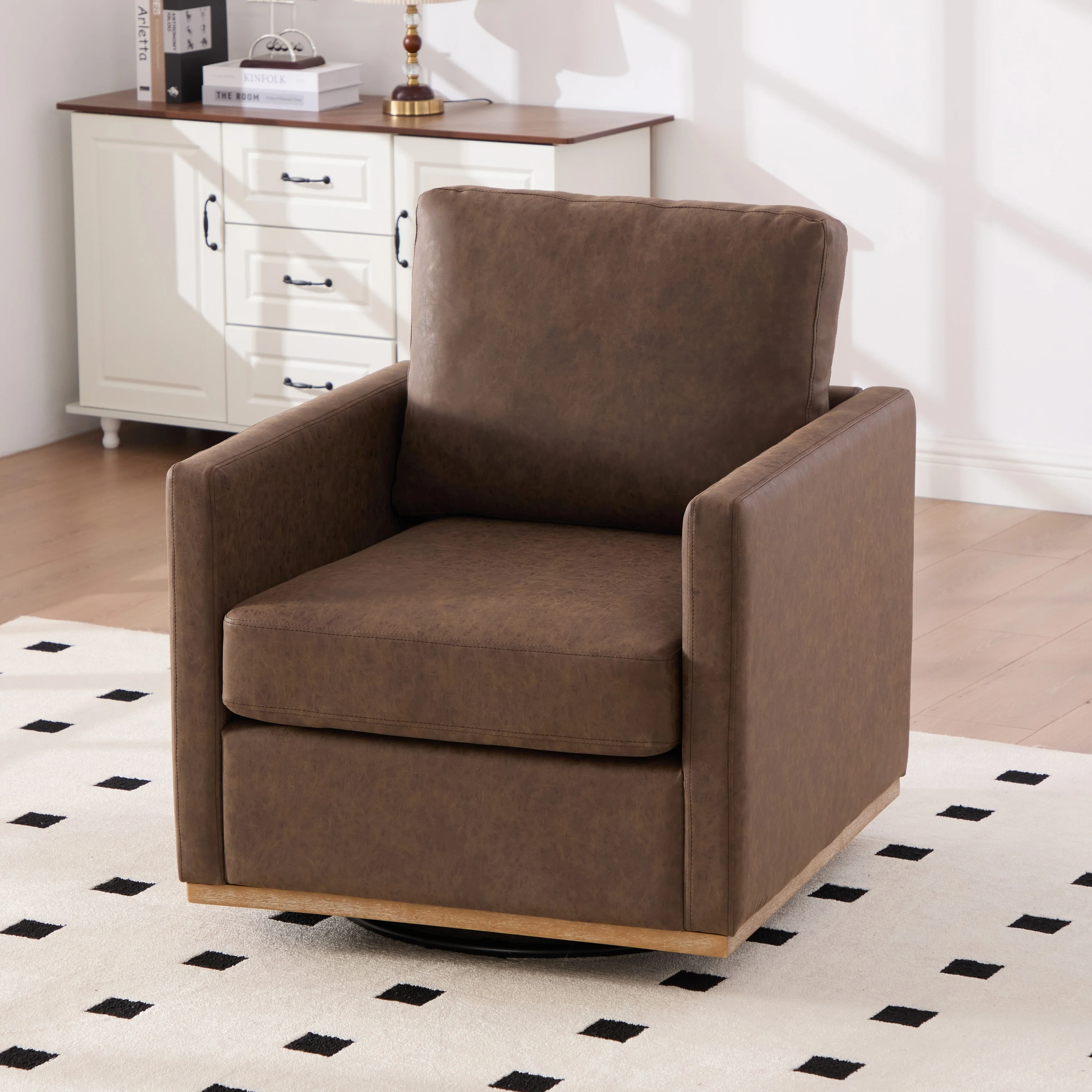 Modern PU Swivel Accent Chair with Armrest and Metal Base