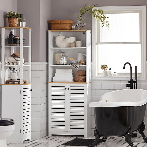 Meuble Armoire Salle de Bain Colonne   Rangement Portes   3 Etagères Bois Blanc