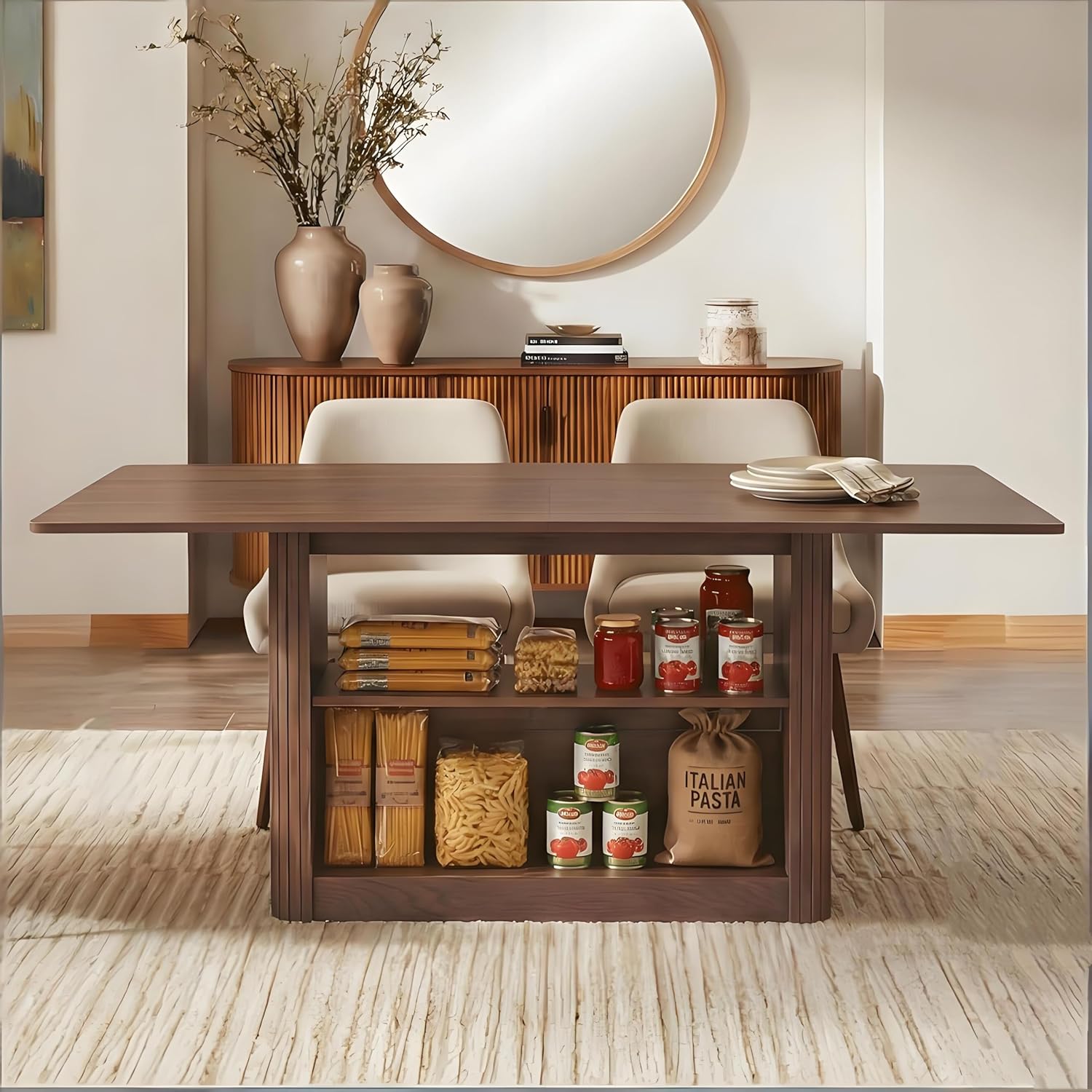 FUQARHY Dining Table for 6, Small Rectangular Kitchen Table for 4 with 2-Tier Storage Shelf, Farmhouse Modern Fluted Wood Table (Walnut)