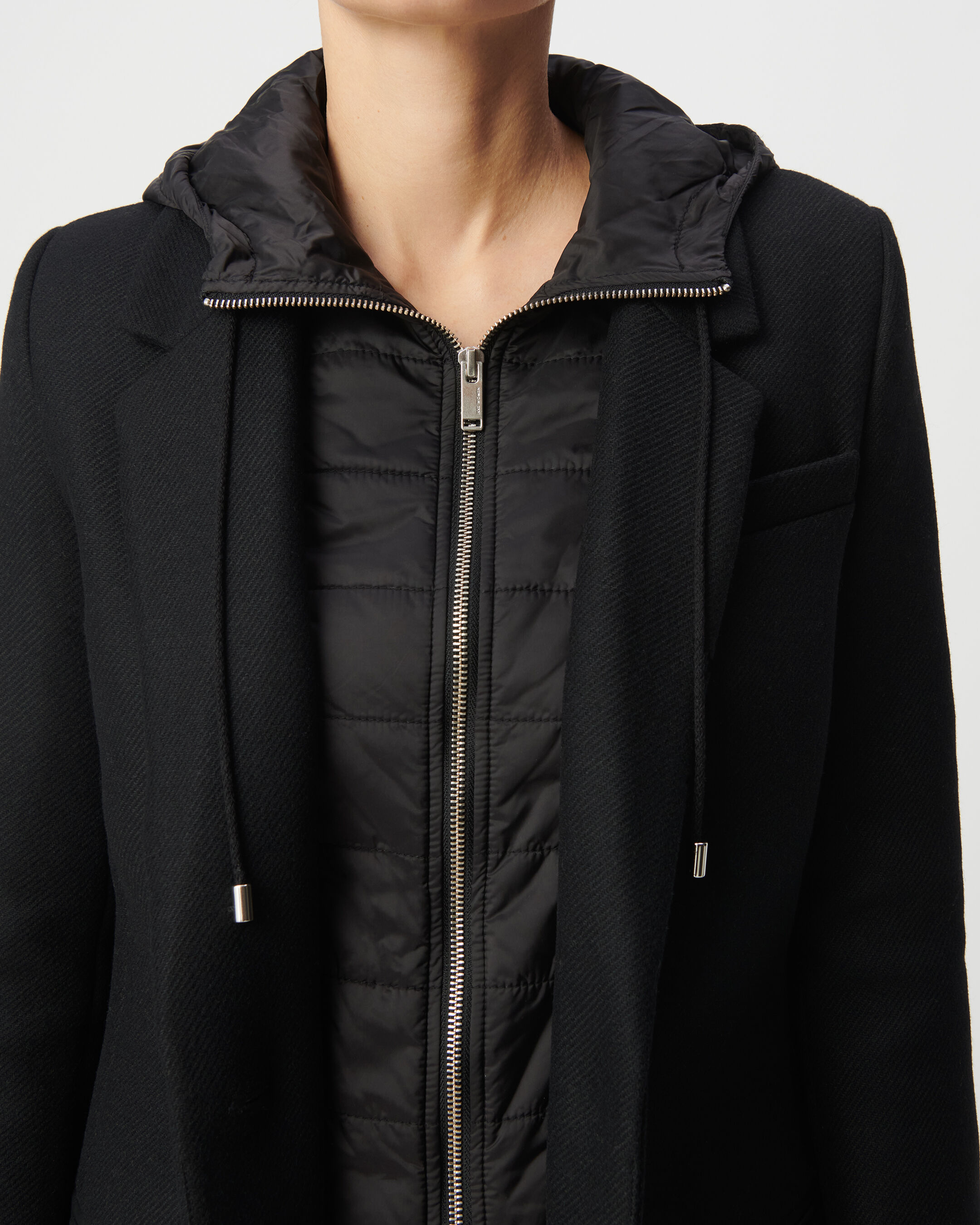 Manteau mi-long noir capuche matelassée amovible Femme