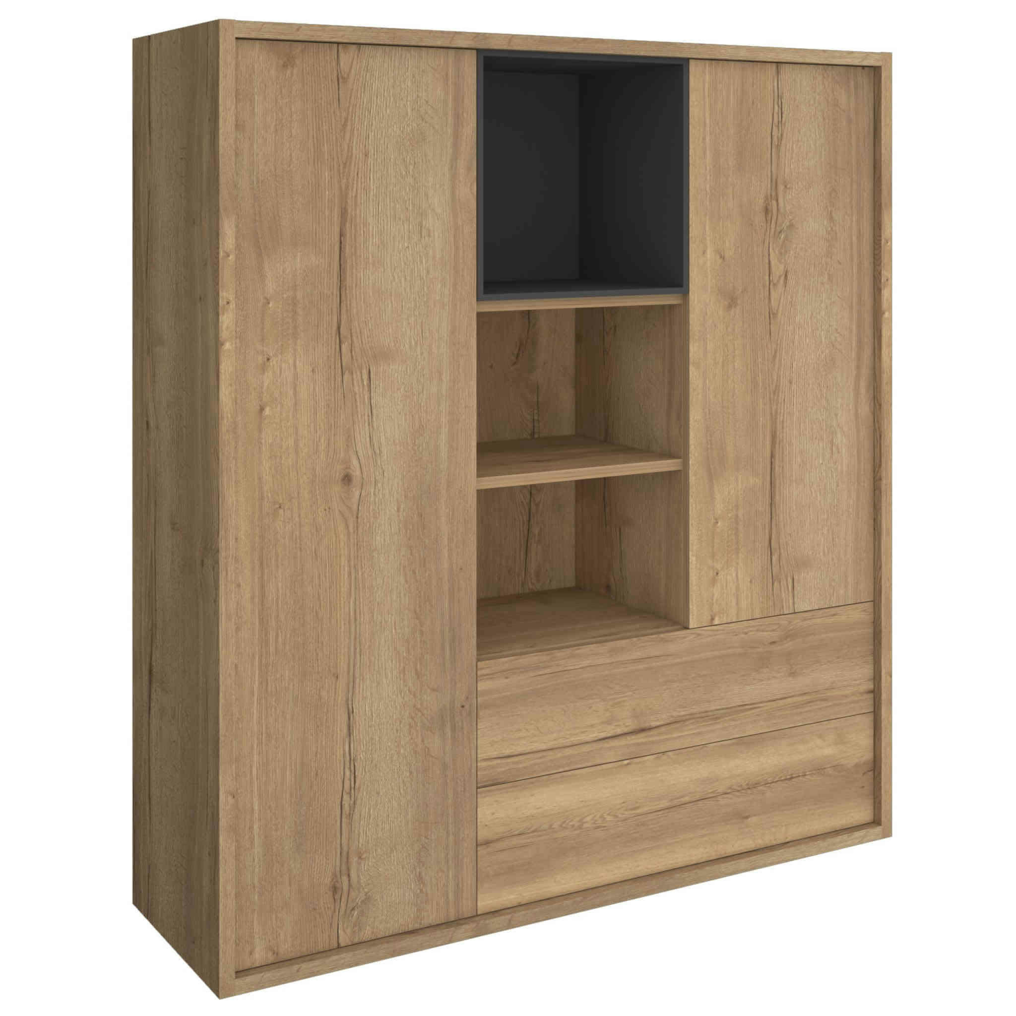 - Bibliothèque 2 portes 2 tiroirs avec niches 7 cases bois clair