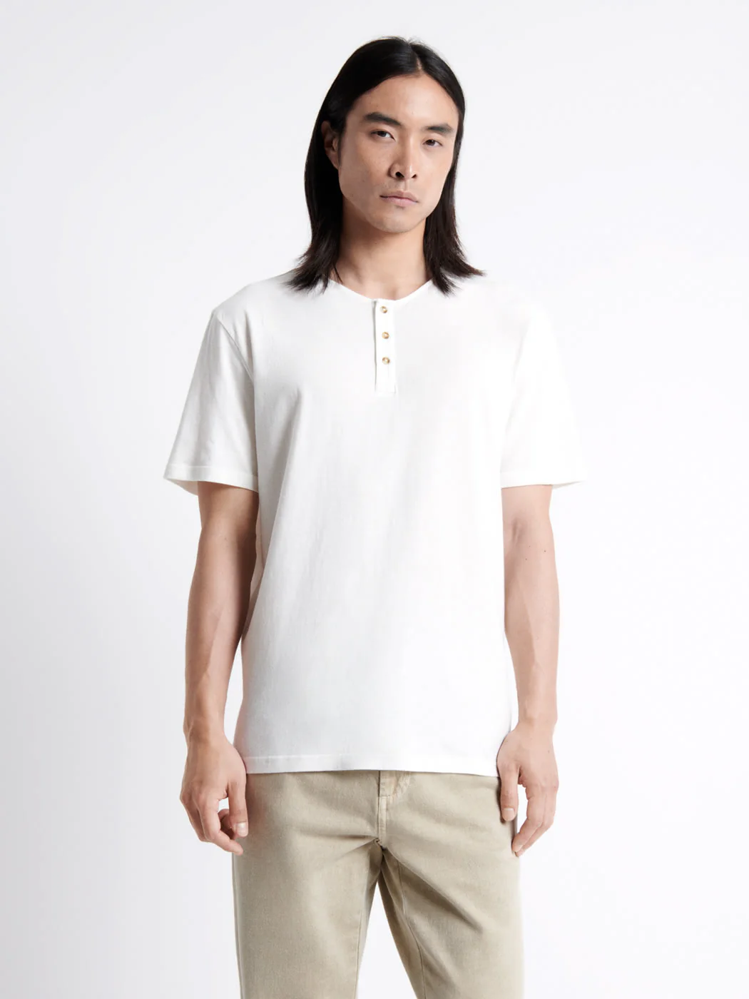 T-shirt col tunisien en coton lin