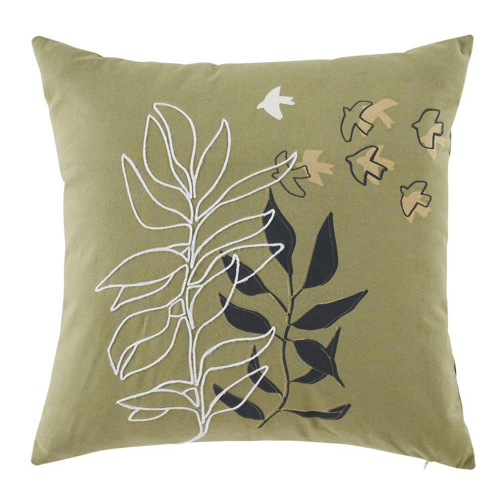 SANDROR - Coussin en coton imprimé vert kaki, écru et noir 45x45