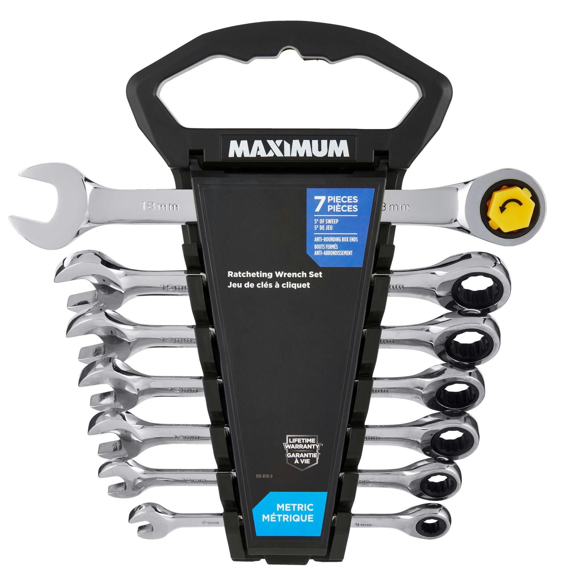 MAXIMUM Ratcheting Wrench Set, Metric, Nickel-Chrome Plating, 7-pc