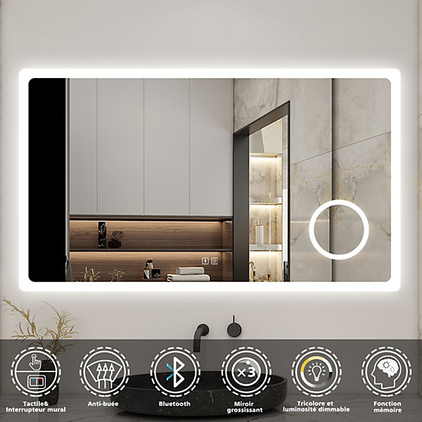 Miroir de salle de bain LED 80x60cm tricolor anti-buée avec bluetooth et miroir grossissant 3x,mémoire, AICA SANITAIRE