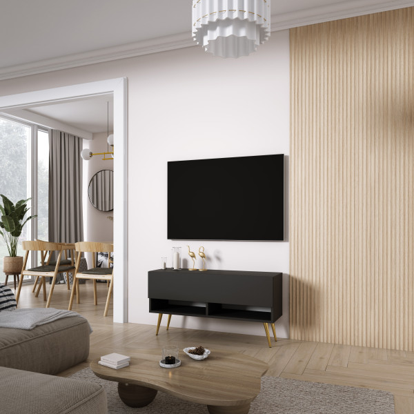 Szafka RTV Czarny nogi pochyłe złote, 100 x 32 x 52 cm