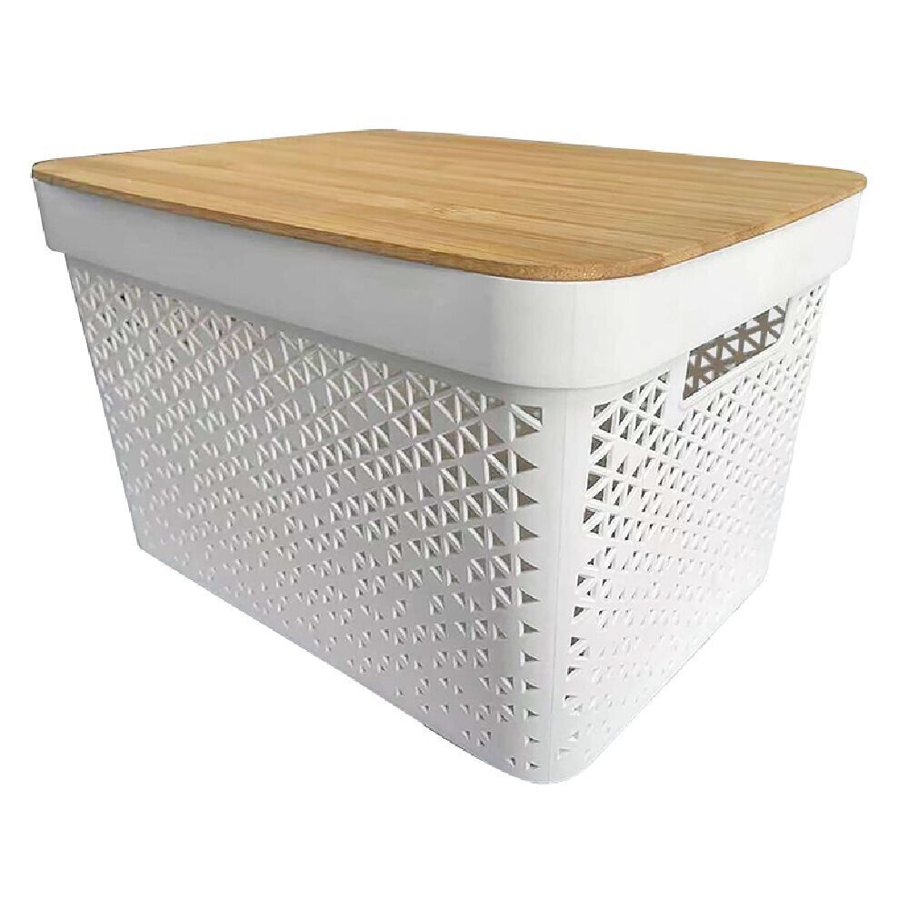 Panière de rangement blanche avec couvercle en bambou grand modèle