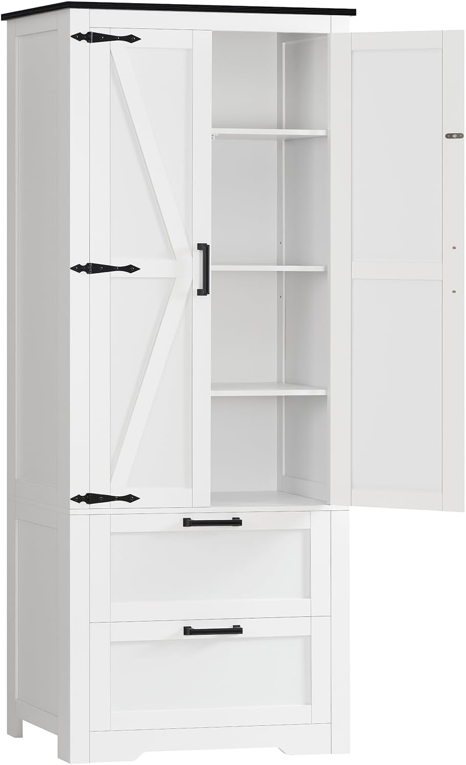 TEENFON 66.2 H Storage Cabinet with 2 Drawers, Farmhouse Kitchen Pantry Cabinet with 2 Doors & Adjustable Shelf, Bathroom Cabinet, for Living Room, Kitchen, Bathroom, White