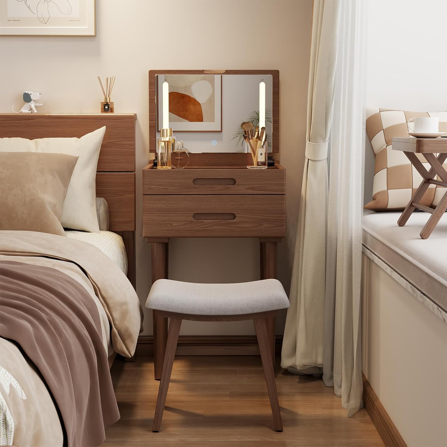 Solid Wood Small Vanity Desk with Mirror and Lights, Narrow Makeup Vanity for Small Space, Flip Top Vanity Side Table, 3 Color Modes & Adjustable Brightness, 19.6 Slim Dressing Table, Walnut