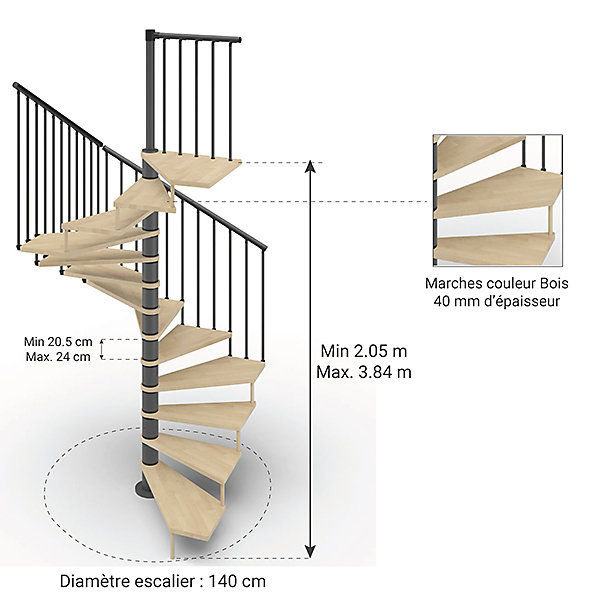 Escalier colimaçon 10 marches - Haut. à franchir 2.05 à 2.40m - Diam. 140cm - Trémie carrée - structure grise / marches naturel -