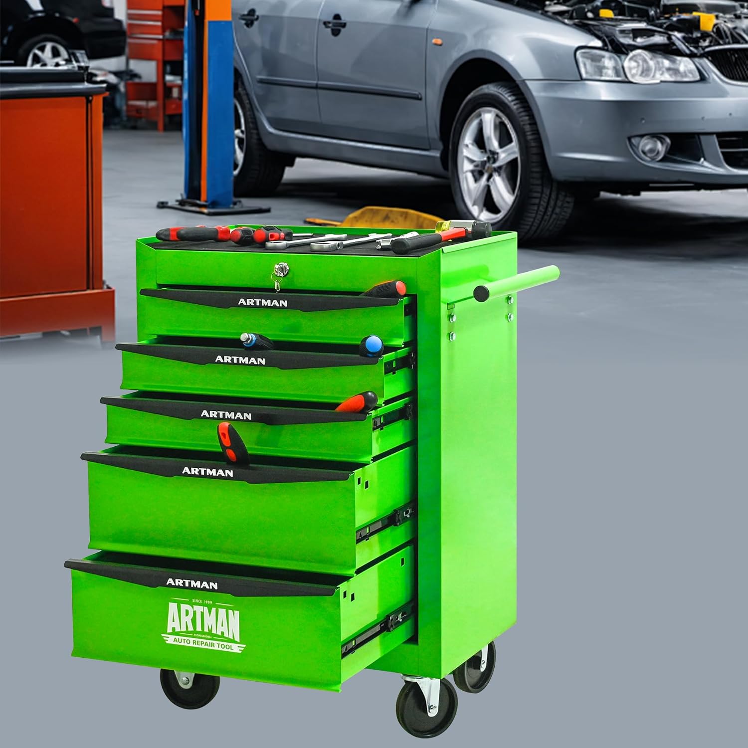 5 Drawers Tool Cart on Wheels, Multifunctional Rolling Tool Chest, Drawers Mobile Trolley Organizer Heavy Duty Tools Box with Locking Wheels & Ball Bearing Drawers (Green, 5 Drawers)