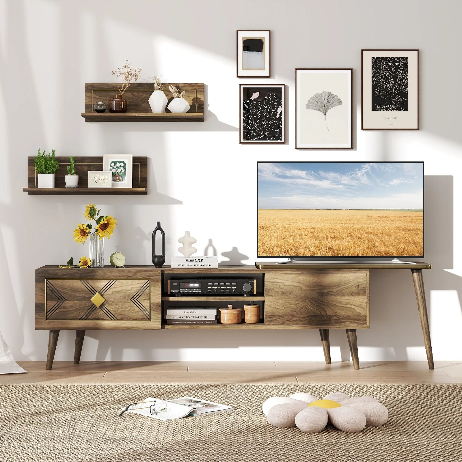 Walnut Engineered Wood TV Stand for 85 TVs with Storage and Floating Shelves - 75 L x 12.5 W x 20 H