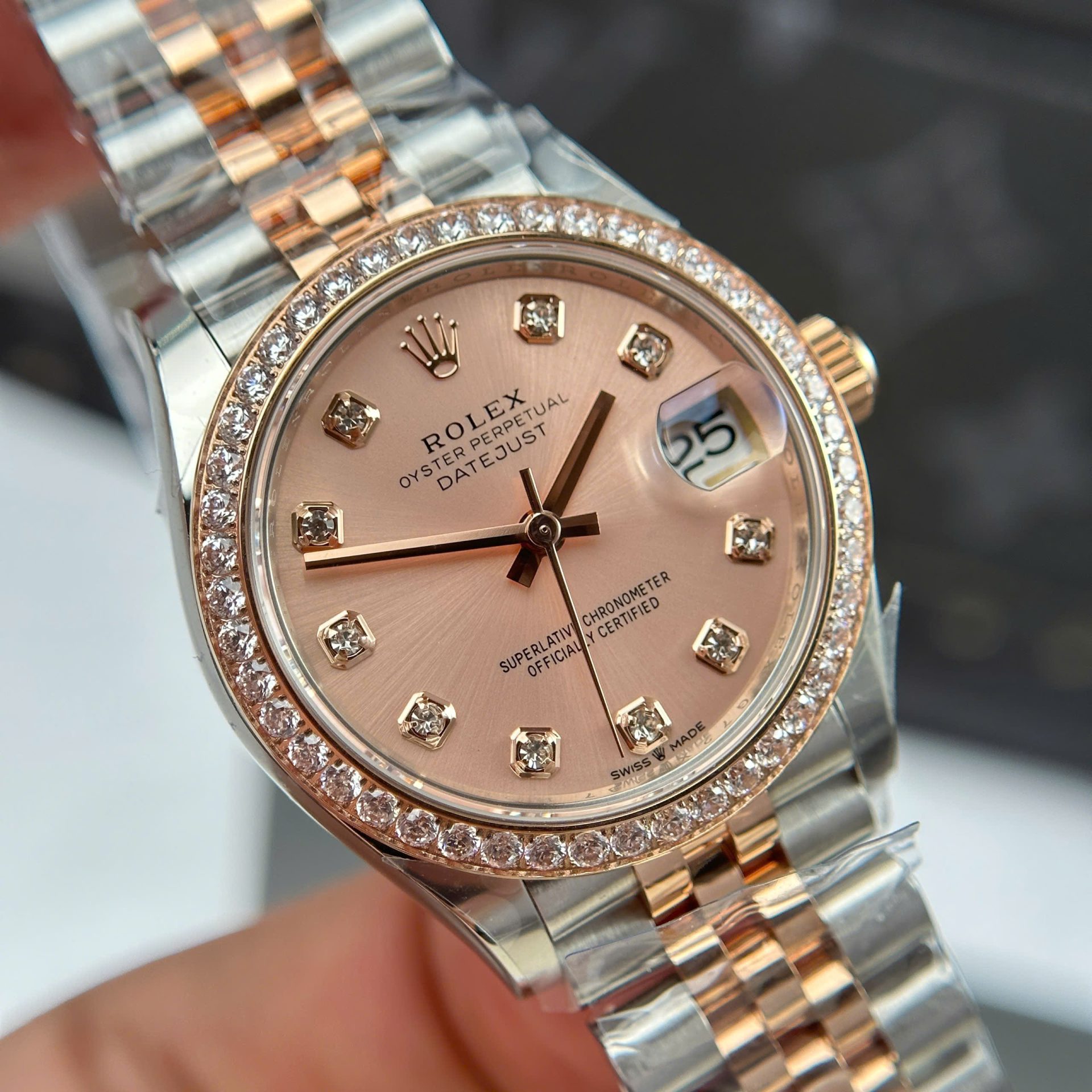 Rolex Datejust SS/RG Plated Pink Dial CZ Diamonds 31mm Jub AAA Replica