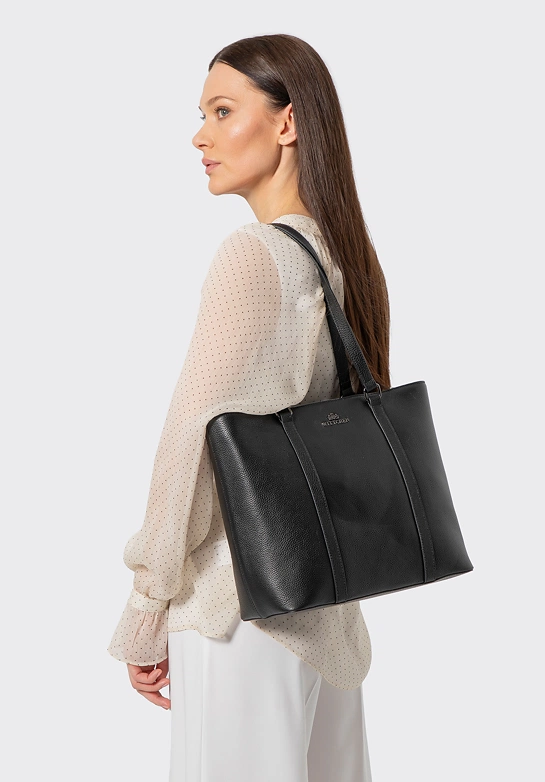 Elegancka torebka shopperka ze skóry naturalnej czarno - srebrna