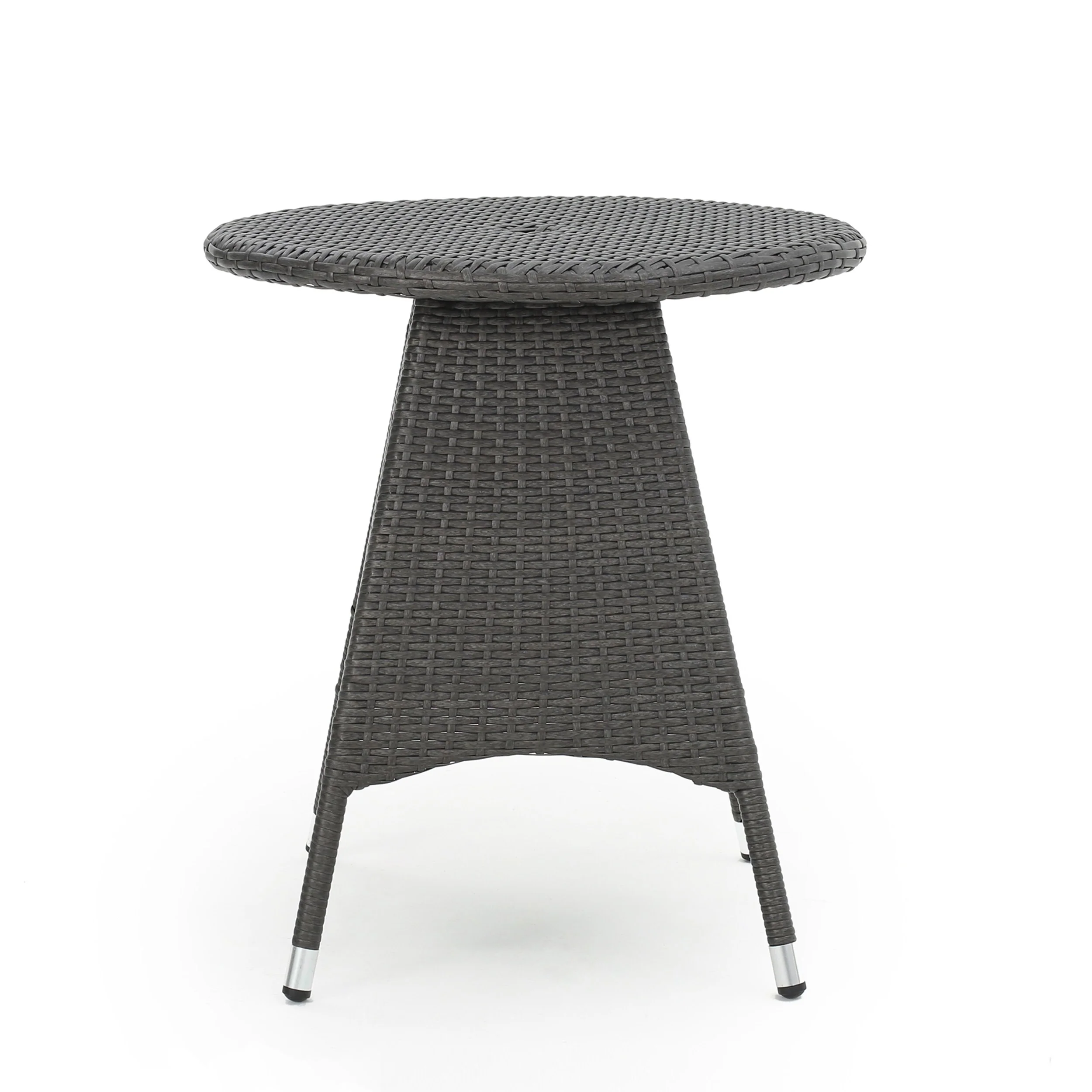 Roomfitters Round Wicker Outdoor Side Table with Tapered Base and Metal Feet, All-Weather Rattan Accent, Grey