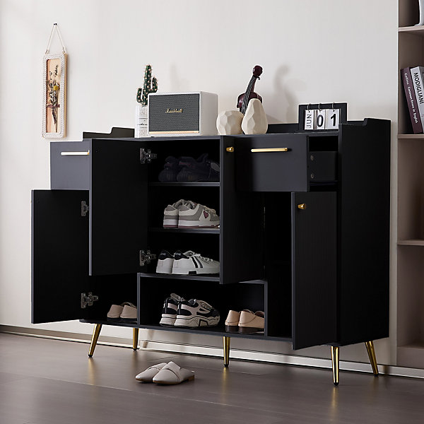 Meuble à Chaussures Noir avec 2 Tiroirs et 4 Portes, Pieds Métal - Rangement Moderne 130x37x100 cm