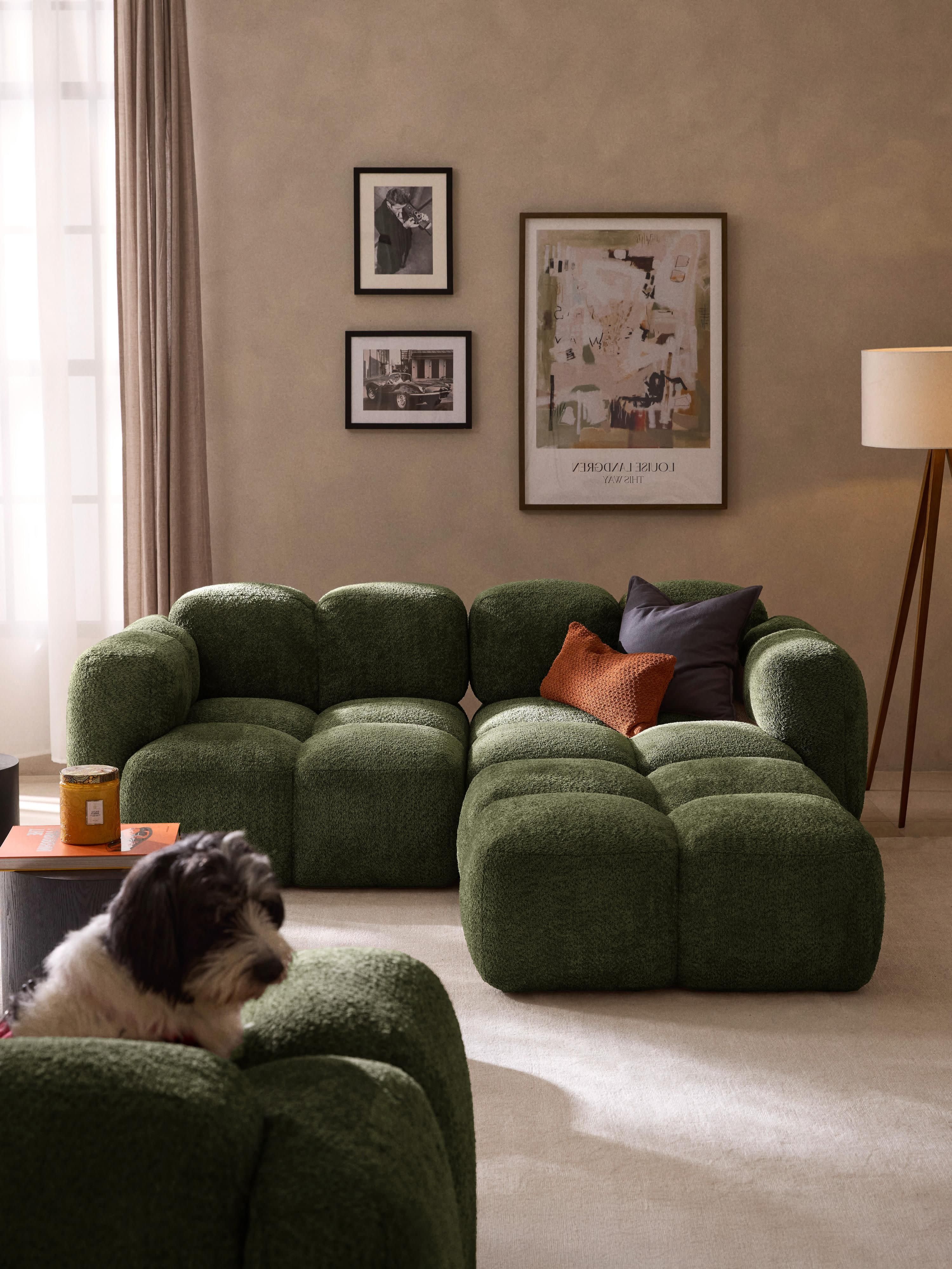 Modulares Sofa Tayla (3-Sitzer) aus Teddy-Bouclé mit Hocker (links/rechts)