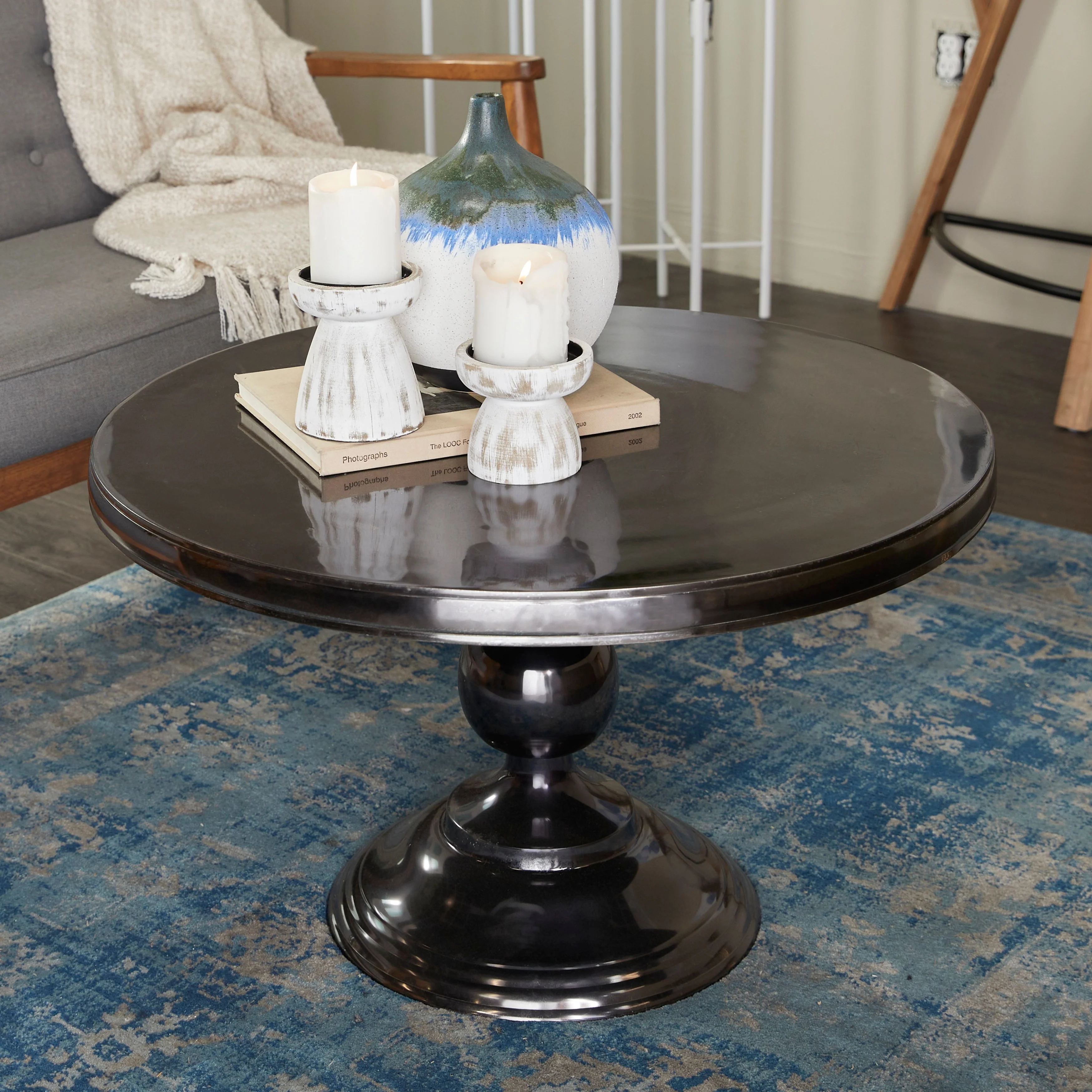 Aluminum Metal Coffee Table with Pedestal Base - Black - Roche River Decor - 31W x 31L x 19H