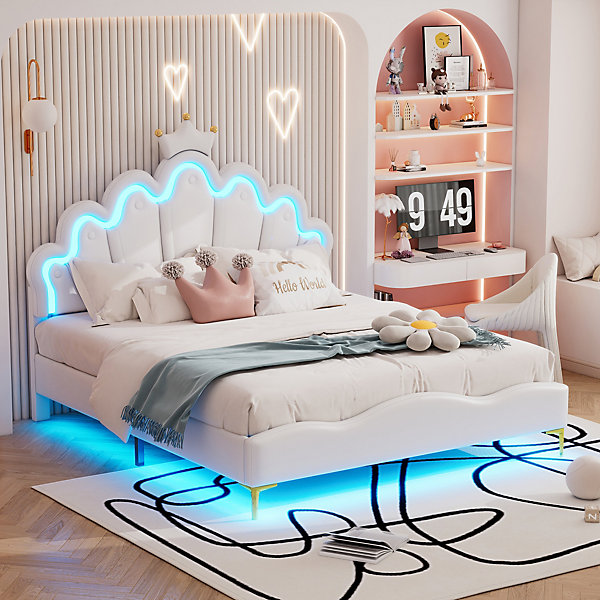 Lit 140x200 cm tête couronnée, éclairage LED intégré, PU blanc, cadre MDF-métal, hauteur ajustable