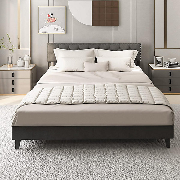 Cadre de Lit Plateforme avec Tête de Lit Capitonnée Lit Double Style Moderne Charge 450 KG Gris