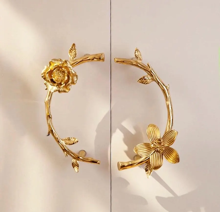 Luxury French Vintage Floral Brass Handle, Flower Cabinet Handle, Drawer Pull, Wardrobe Door Knobs, Cupboard Dresser Furniture, Home Upgrade