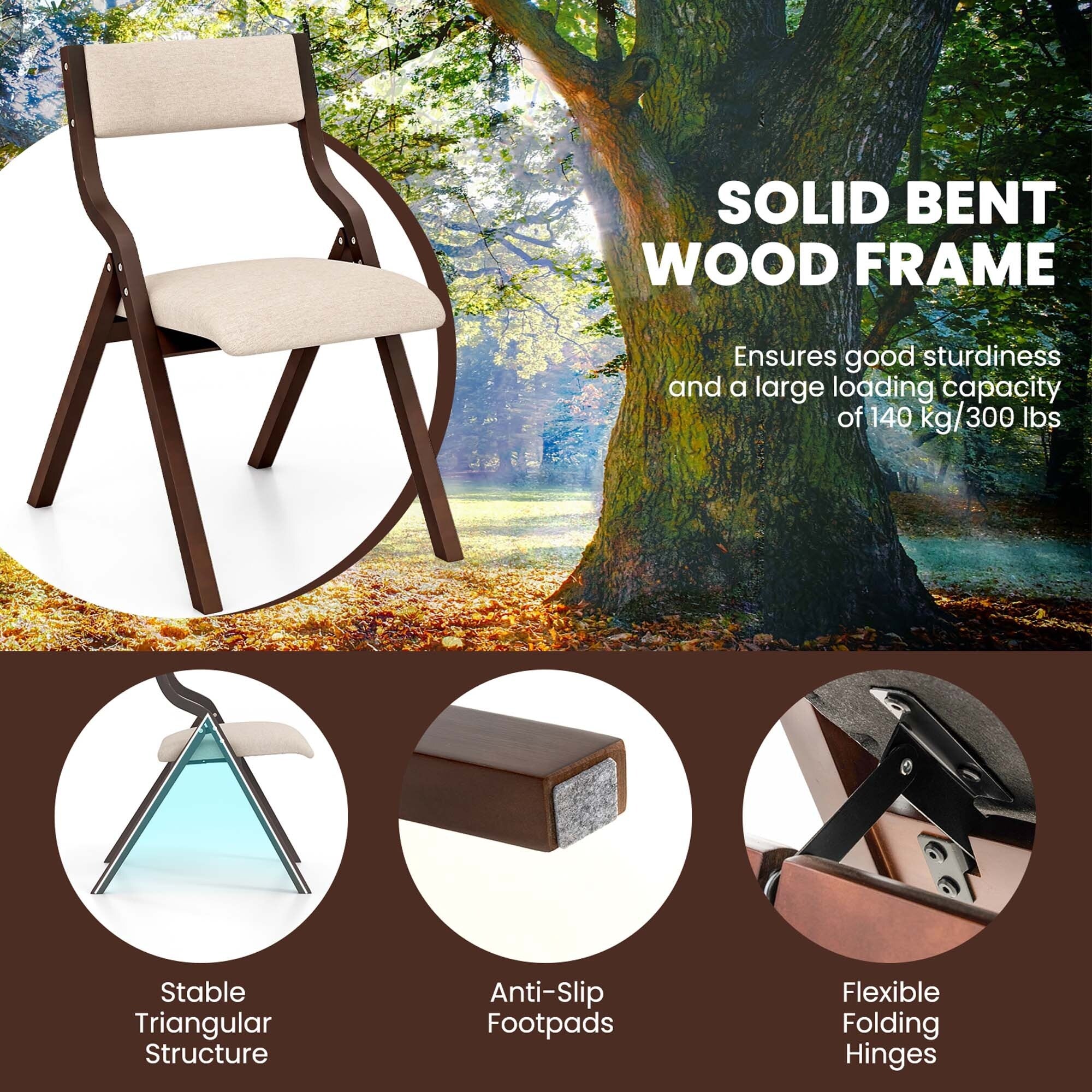 2PCS Folding Dining Chair Wooden Upholstered Linen Fabric Padded Seat