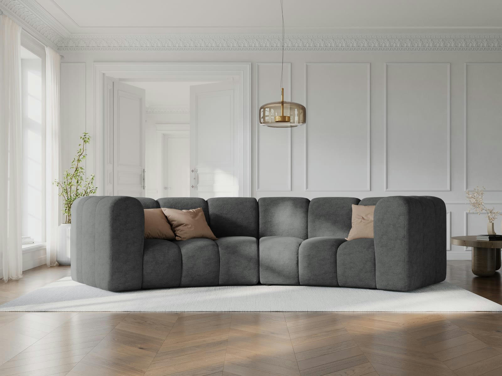 LUPINE - Canapé arrondi 3 places en tissu chenille gris