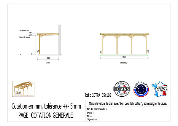 Carport toit plat adossé 350cmx1050cm bois DOUGLAS français (charpente - auvent - abri camping-car). 37 m². Garantie 10 ans.