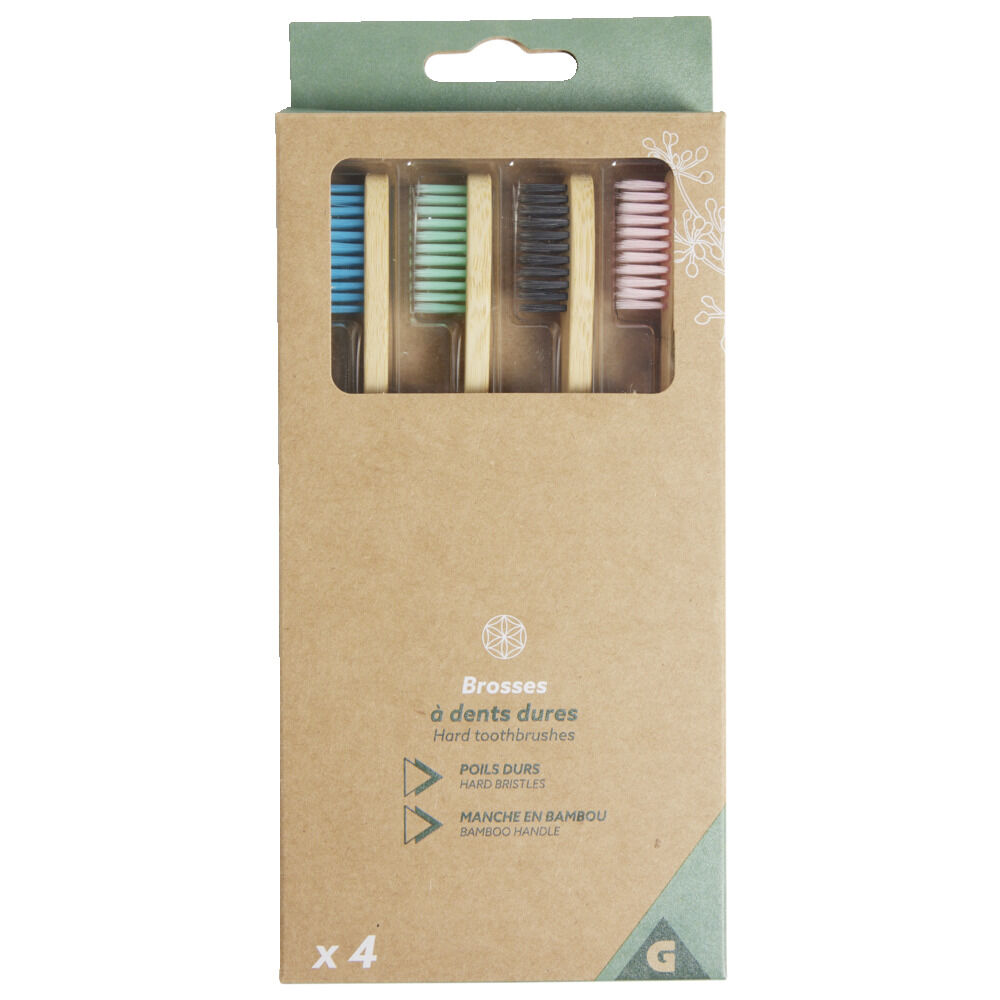 Lot de 4 brosses à dents dures poils nylon et manche bambou