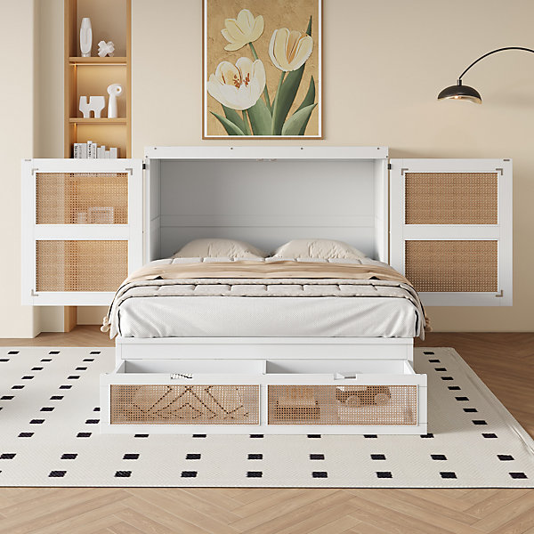 Lit Escamotable 140x200 cm - Lit Mural Vertical avec 2 Tiroirs de Rangement, Structure Bois de Pin et MDF, Sans Matelas, Blanc