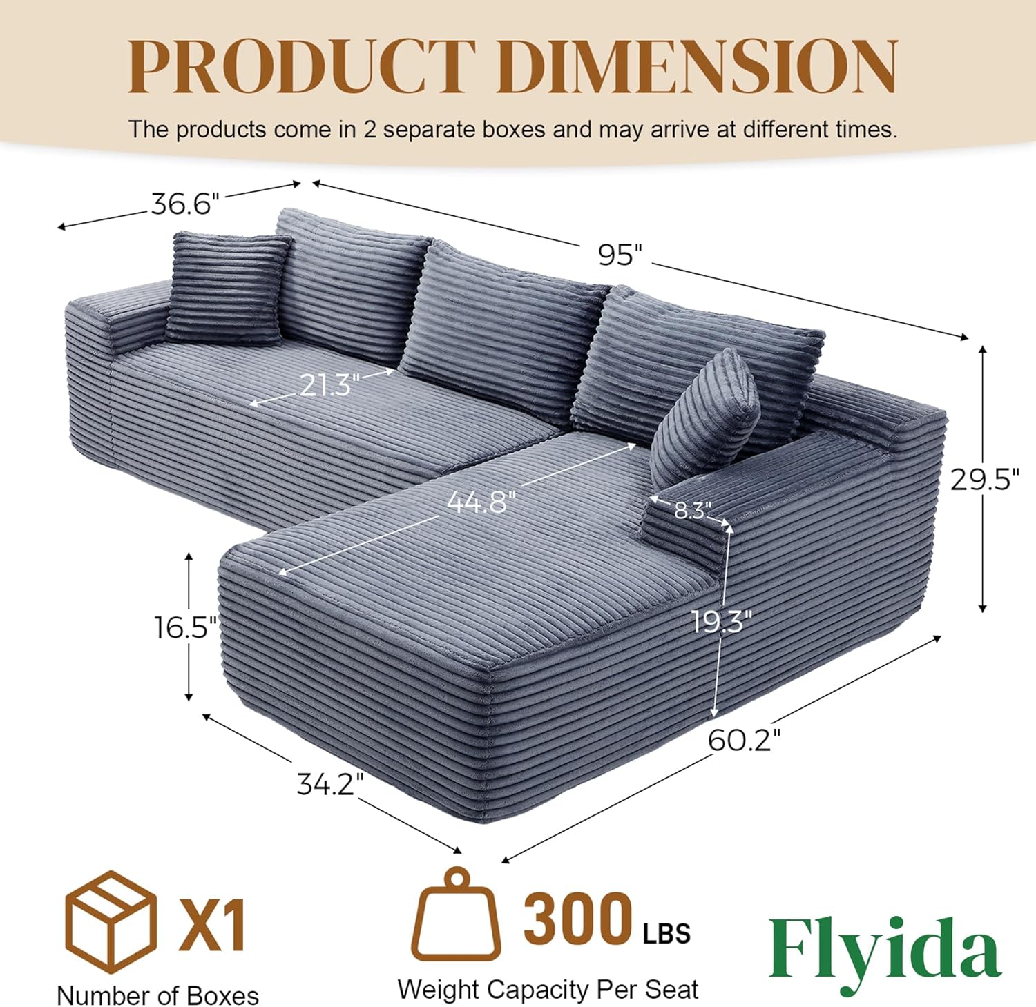 95 Boneless Cloud Sectional Couches for Living Room, Comfy Fluffy L Shaped Memory Foam Deep Seat Boneless Couch, Modular Sectional Sofa with Right Facing Chaise, Grey