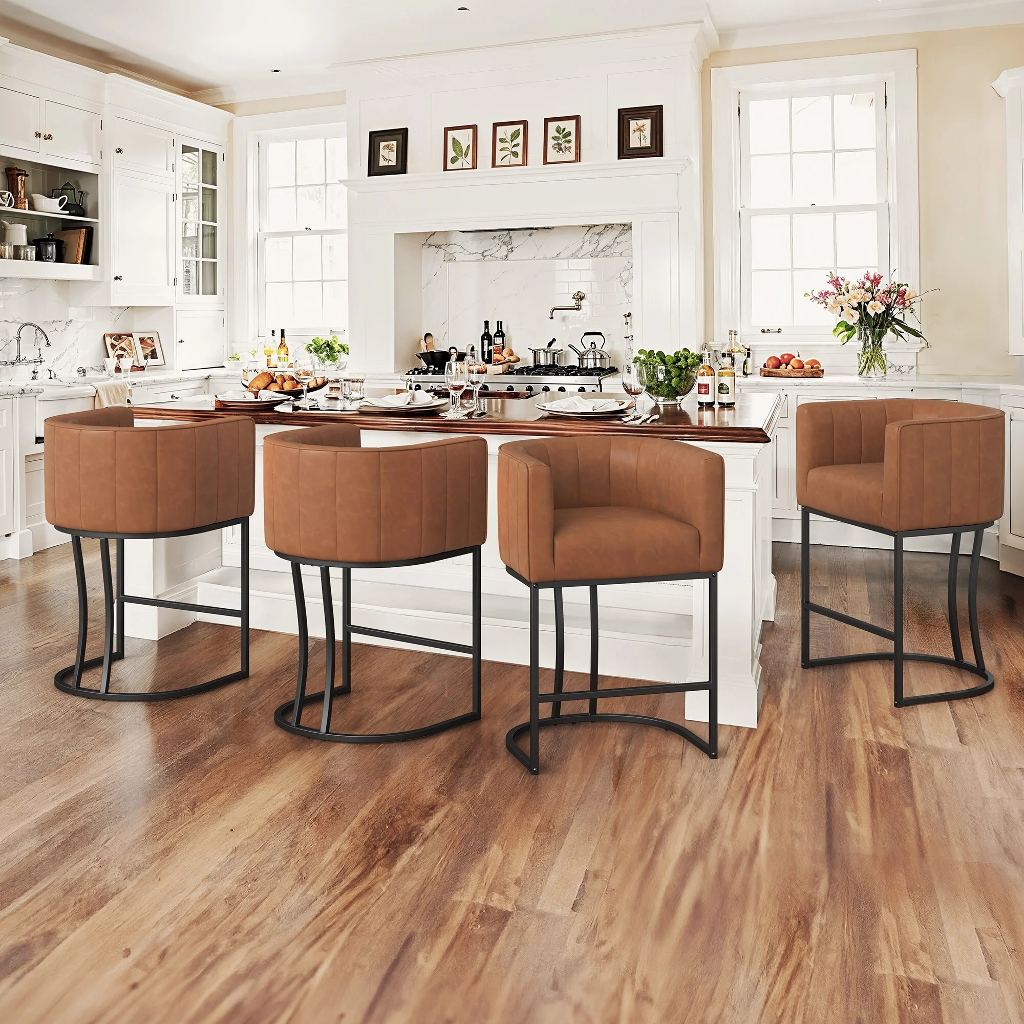 LUE BONA Modern 26.in Low Back Counter Height Barstool Barrel Set of 4 Bar Stools with Metal Frame